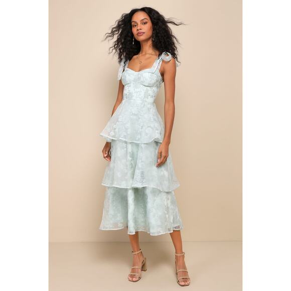 NWT Lulus Glamorous Sweetie Sage Burnout Tie-Strap Bustier Midi Dress Gala L - Picture 1 of 9